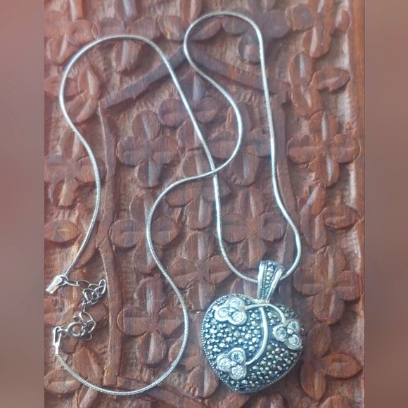 Signed vintage marcasite sterling heart with cz accents